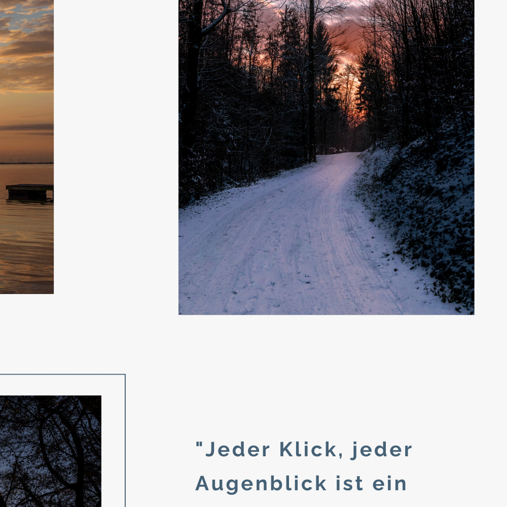 Ein schneebedeckter Weg führt in den Sonnenuntergang im winterlichen Wald.
